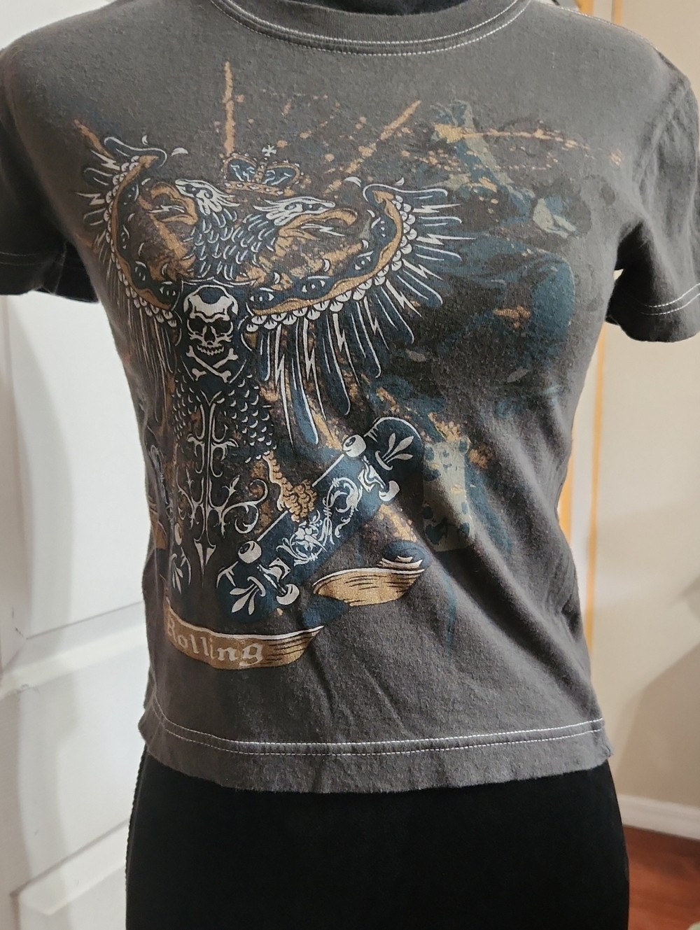 Mossimo Supply Co. Black Distressed Eagle & Skull Crop Top